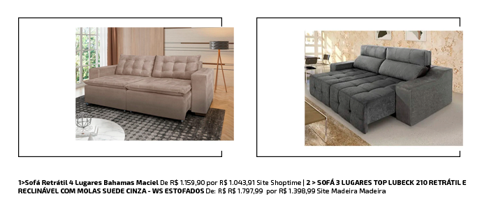 Exemplos de sofás de políester (Shoptime) e de sofá com molas (MadeiraMadeira).